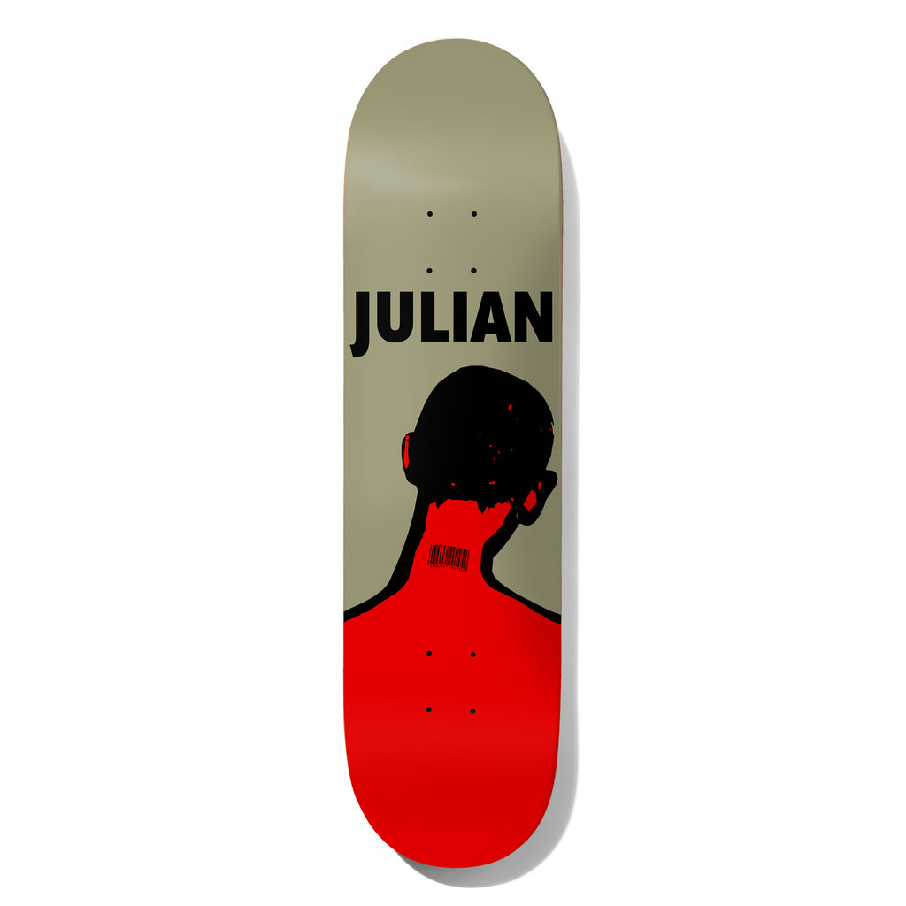 Deathwish Davidson Big Brother 8.25 skateboard deck: A black silhouette of a shaved head and neck seen from behind, with a barcode on the neck, rising from a red torso against an olive-grey background. Large black capital name across the upper half.