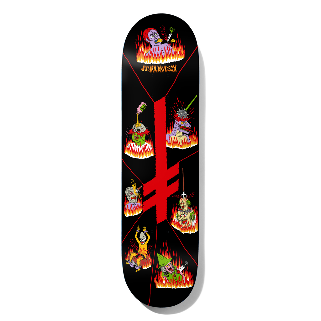 Deathwish Davidson Blasphemy 8.5 skateboard deck: Black deck with a large red inverted cross logo and six cartoon severed heads sitting in flames, each being tortured in a different way (a scissors, a spiked mace, a hook and a syringe). Orange 'Julian Davidson' name at the top.