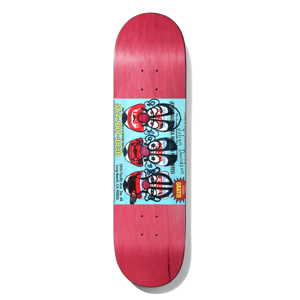 Deathwish Davidson Chatman 8.125 skateboard deck: Blue panel on a red stained deck made to look like a Spanish-language advert, showing three clown-like faces with big red mouths, a phone number, a Long Beach address and a GRATIS flash.
