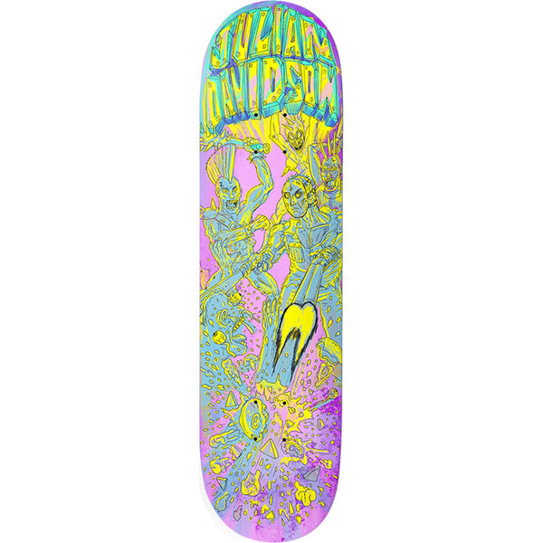 Deathwish Davidson Dystopia 8.38 skateboard deck: Comic-style drawing of punk and cyborg-like fighters wielding weapons with an explosion of debris, in pastel yellow and blue line work on pink and purple. Julian Davidson name in blocky yellow lettering at the nose.
