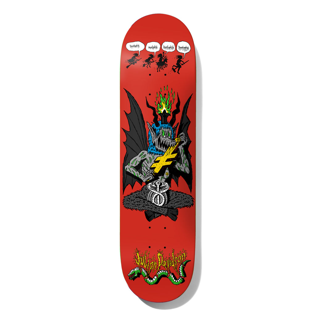 Deathwish Davidson Exorcism Failed 8.0 skateboard deck: Seated winged demon with a blue head and green flames, holding a yellow Deathwish-style symbol, with a snake coiled below. Four witches on brooms with speech bubbles sit across the top, and the rider's name in flame lettering.