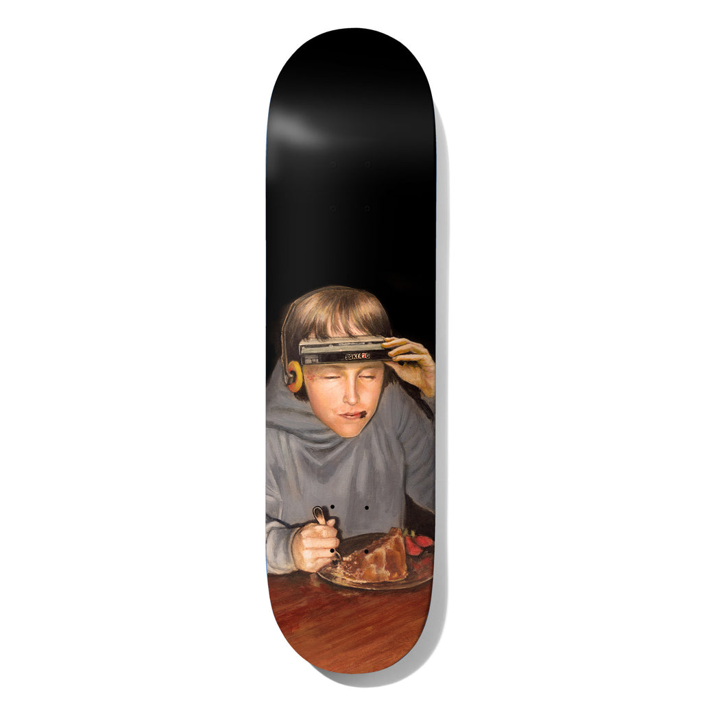 Deathwish Davidson Hidden Tape 8.38 skateboard deck: A realistic painting of a blond boy in a grey hoodie and headphones, pushing a cassette player up on his forehead while eating a slice of cake at a wooden table, against a black background.