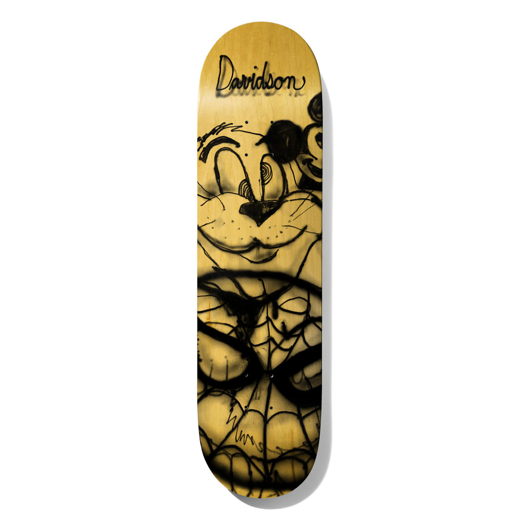 Deathwish Davidson Quarter Century 8.38 skateboard deck: Black spray-painted graffiti of a cartoon cat-like character with swirly eyes and whiskers, overlapping a spider web pattern, on a yellow-stained wood deck, with the rider name in script at the top.