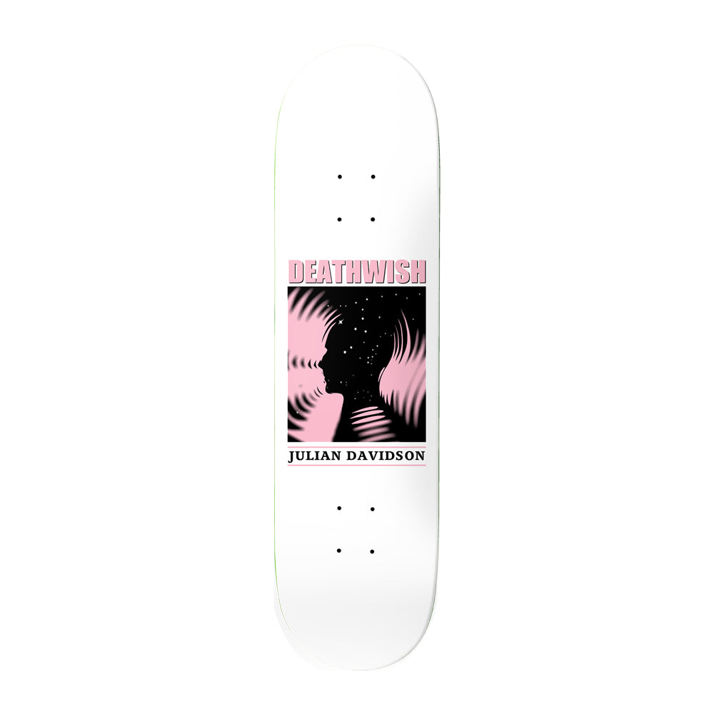 Deathwish Davidson Recovery 8.475 skateboard deck: White deck with a boxed black and pink graphic of a head in silhouette filled with stars, surrounded by pink swirling fronds. DEATHWISH is in pink block letters above and JULIAN DAVIDSON in black serif capitals below.