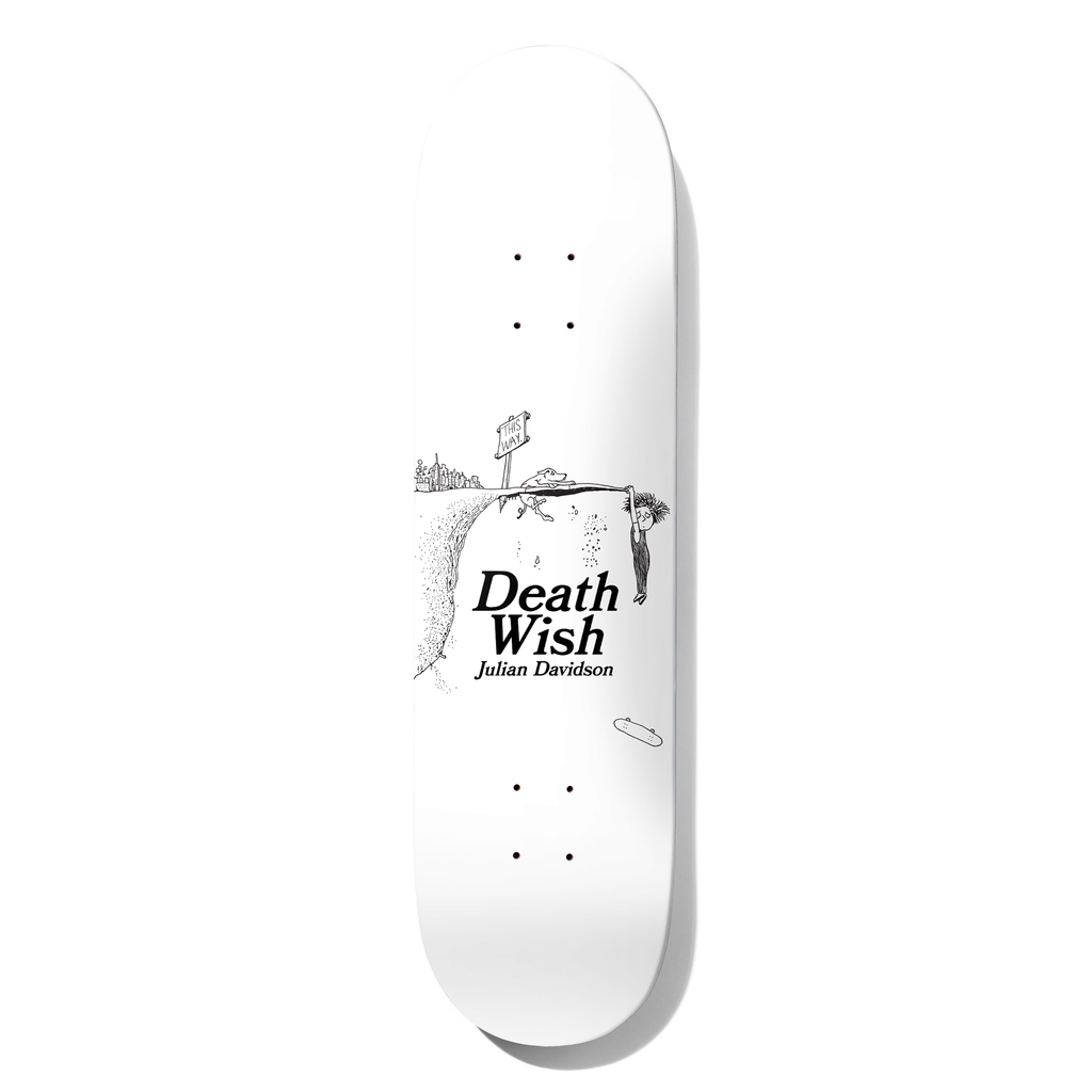 Deathwish Davidson This Way 8.0 skateboard deck: Black line drawing on white of a child dangling from a cliff edge by a rope, with a This Way sign, a small creature and a distant town, with Death Wish Julian Davidson in serif type and a loose board nearby.