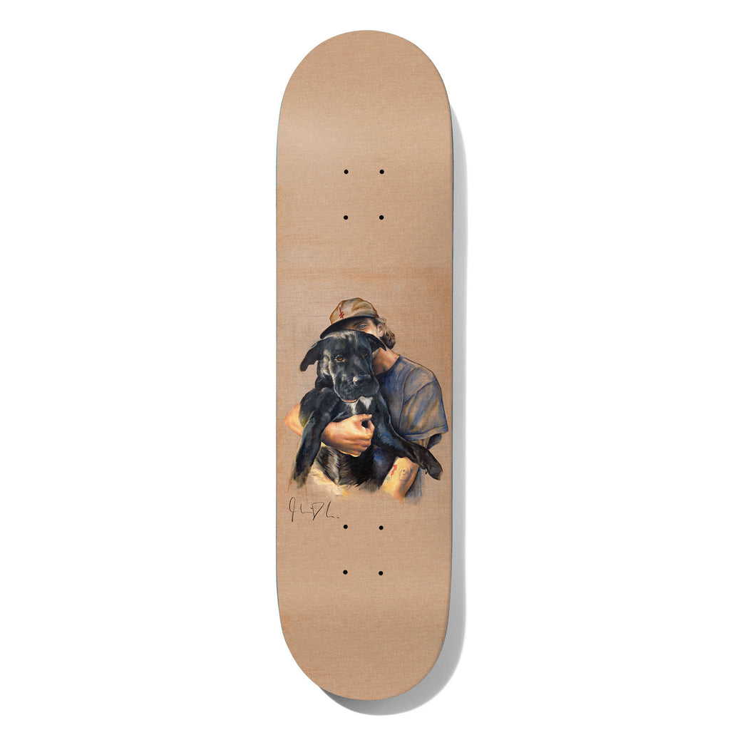 Deathwish Davidson Travels With Luna 8.25 skateboard deck: A painted portrait of a man in a cap and T-shirt hugging a black dog, set in the middle of a plain natural-wood-coloured deck, with a handwritten signature below.