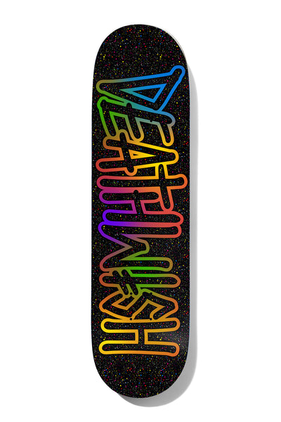 Deathwish Deathspray Alley 8.6 skateboard deck: Deathwish logo lettering in outline, filled with a rainbow gradient from red through orange and yellow to blue, running down a black deck flecked with multicoloured speckles.