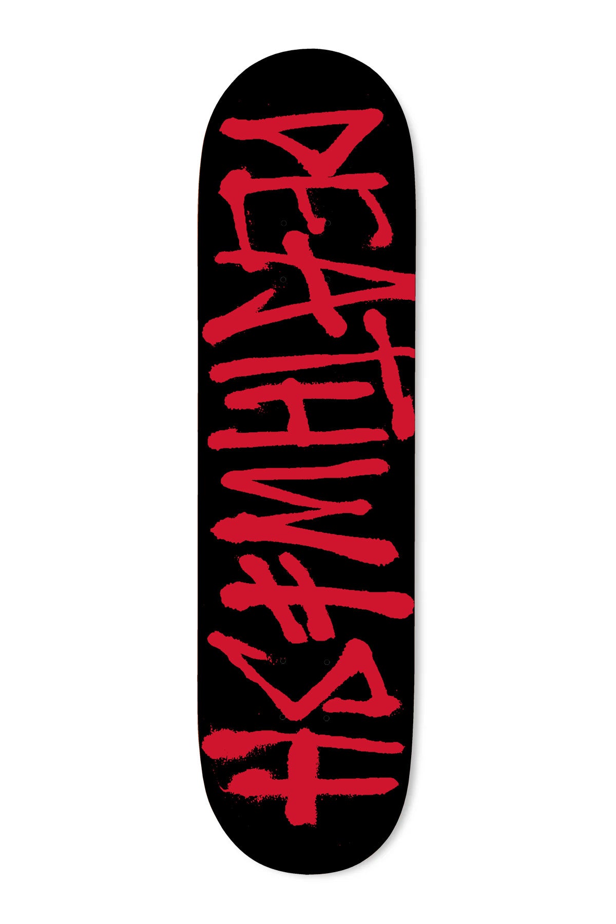 Deathwish Deathspray Blk/Red skateboard deck: Deathwish logo in rough red brush-painted lettering running the length of a black deck.