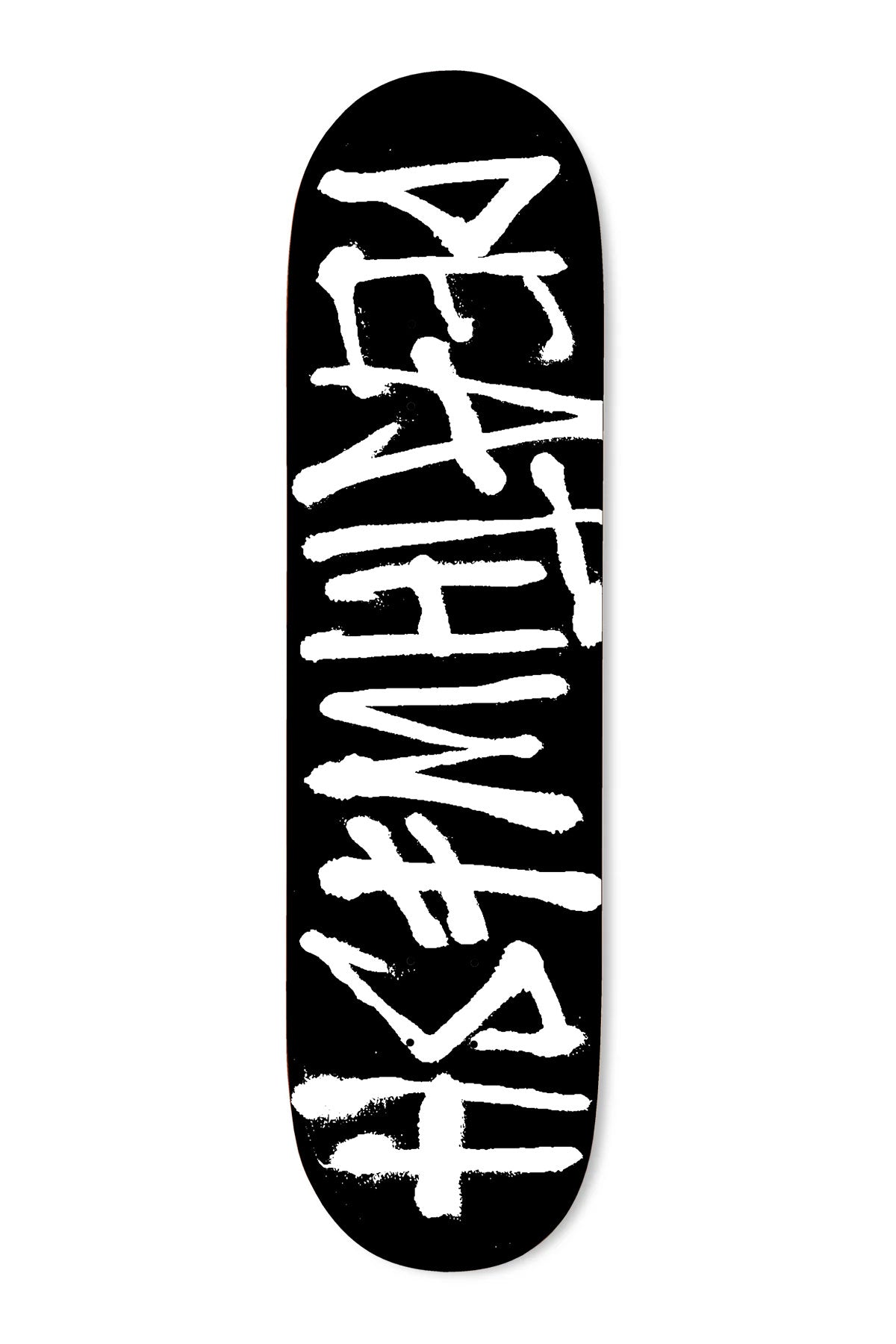 Deathwish Deathspray Blk/Wht skateboard deck: Rough white spray-painted lettering of the Deathwish name, with a cross as the final letter, running down the length of a plain black deck.