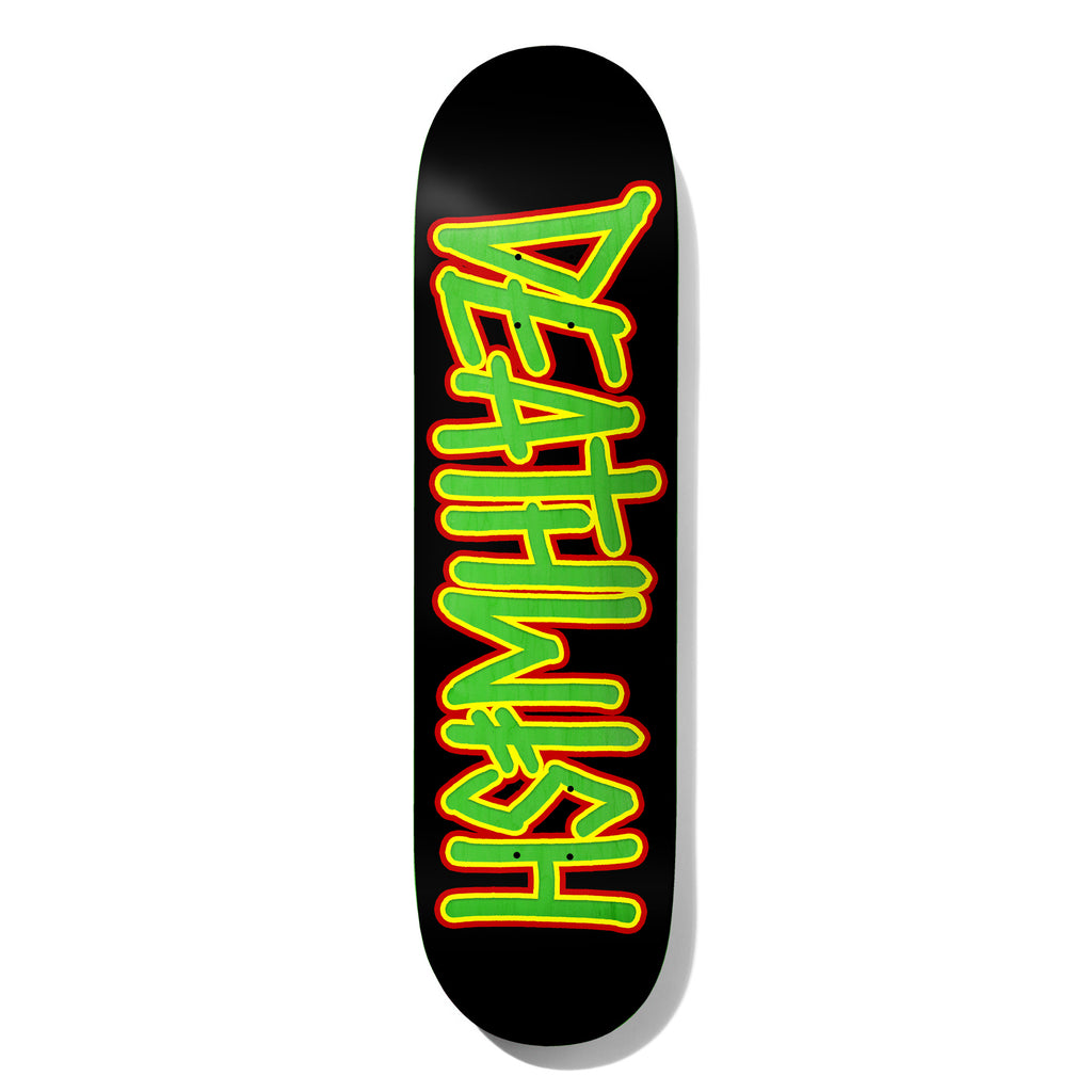Deathwish Deathspray Brains 8.0 skateboard deck: The Deathwish logo in large hand-drawn spray-style capitals, filled green with yellow and red outlines, running the length of a black deck.