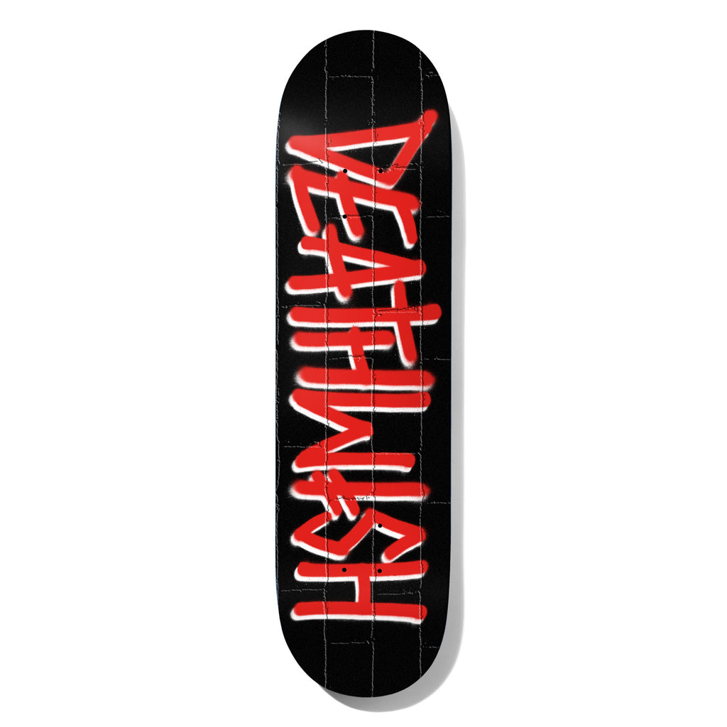 Deathwish Deathspray Bricks Black/Red 8.25 skateboard deck: Red spray-paint style 'Deathwish' lettering with white halo, running down a black deck with a faint brick wall pattern.