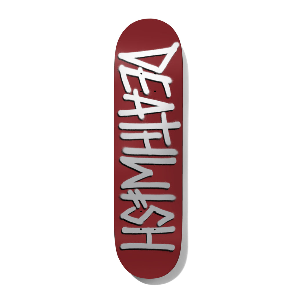 Deathwish Deathspray Maroon/Silver 8.75 skateboard deck: Deathwish name in large spray-painted style capital letters, white with silver shading, reading down the deck on a maroon background.
