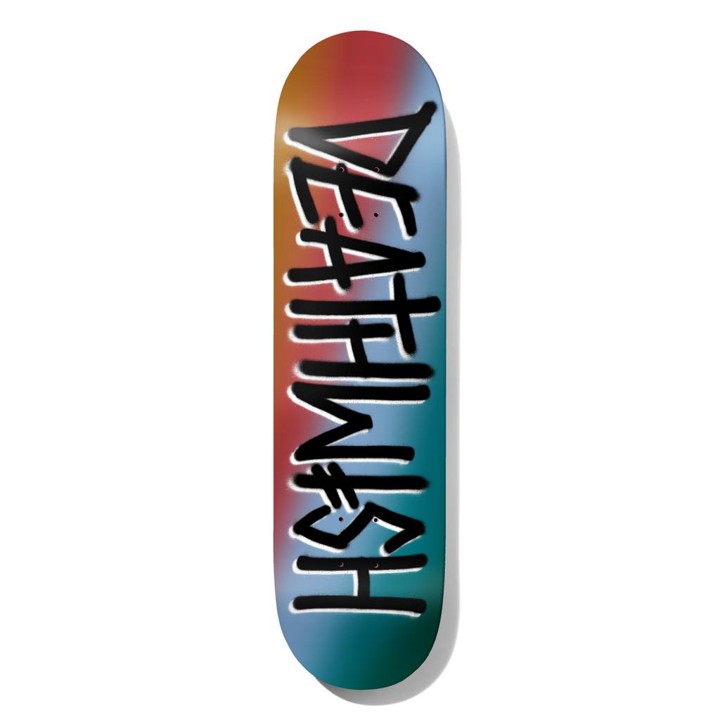 Deathwish Deathspray Dusk 8.0 skateboard deck: Brand name in large black spray-paint style lettering running the length of the deck over a soft airbrushed gradient of orange, red, light blue and teal.