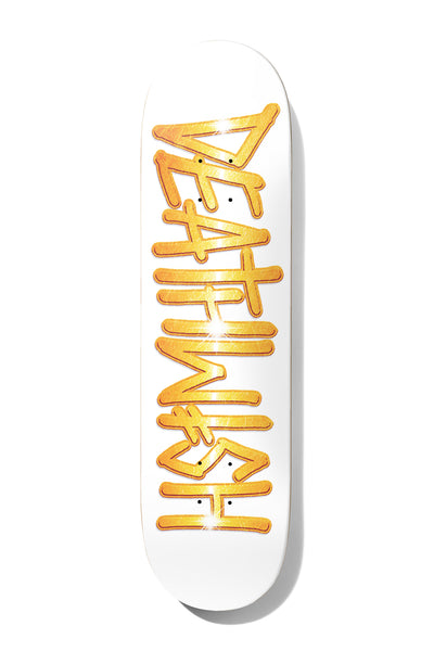 Deathwish Deathspray Emblem 8.25 skateboard deck: Large Deathwish logotype in sparkling gold glitter with a thin black outline, running the length of a plain white deck.