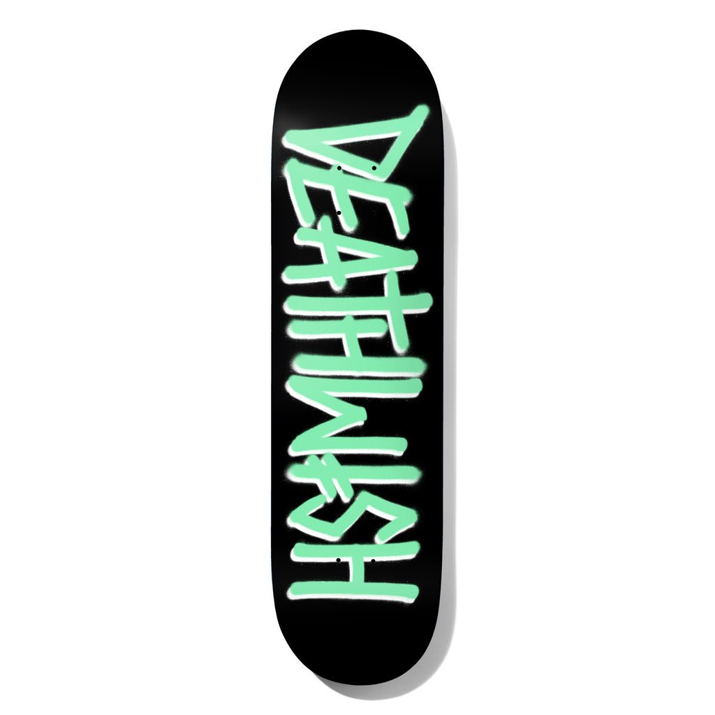 Deathwish Deathspray Glow 8.0 skateboard deck: Brand name in hand-sprayed, graffiti-style capital letters stacked vertically in pale mint green with soft white edges, on a solid black deck.