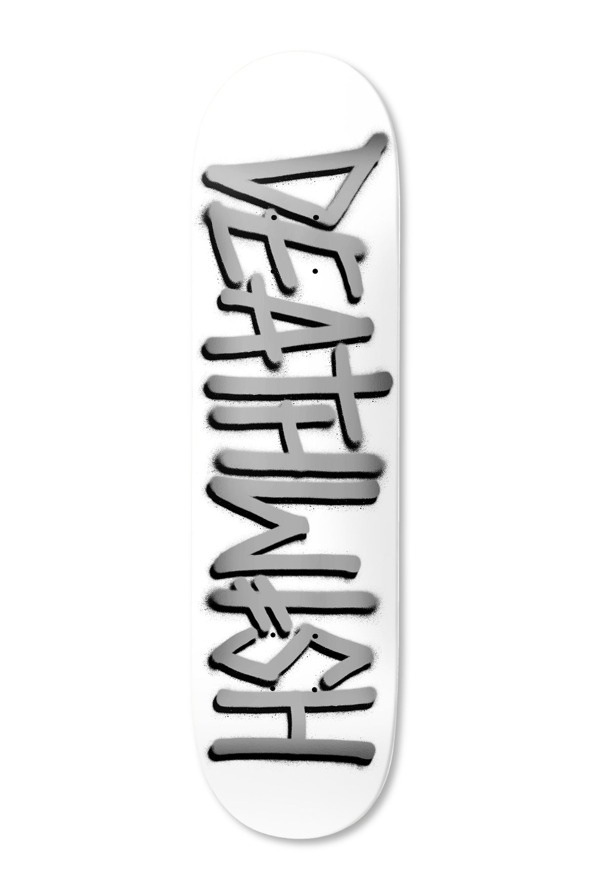 Deathwish Deathspray Nation 8.0 skateboard deck: Deathwish logo in black spray-paint graffiti lettering with a grey fade, running the full length of a white deck.