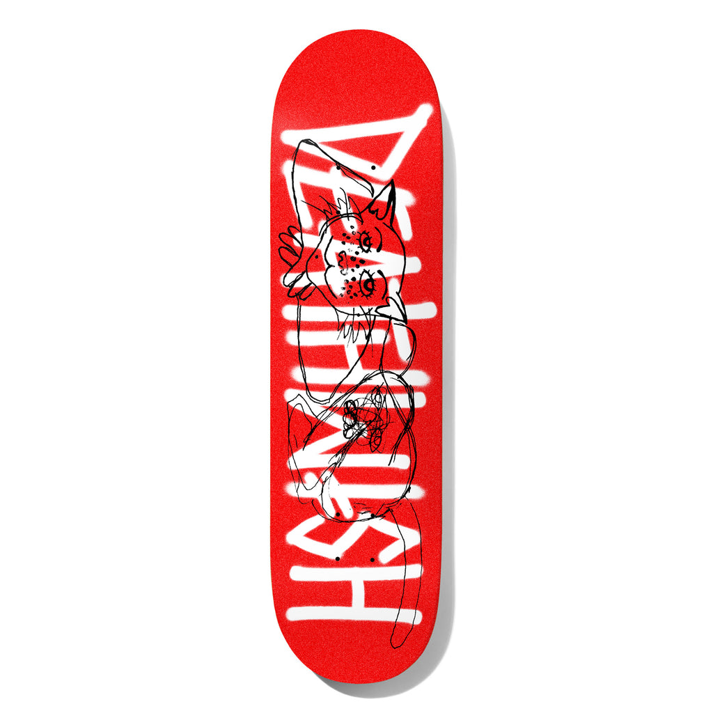 Deathwish Deathspray Red Cat 8.75 skateboard deck: Large white spray-painted Deathwish lettering running the length of a red deck, overlaid with a scribbly black line drawing of a cat with several eyes and a curled tail.