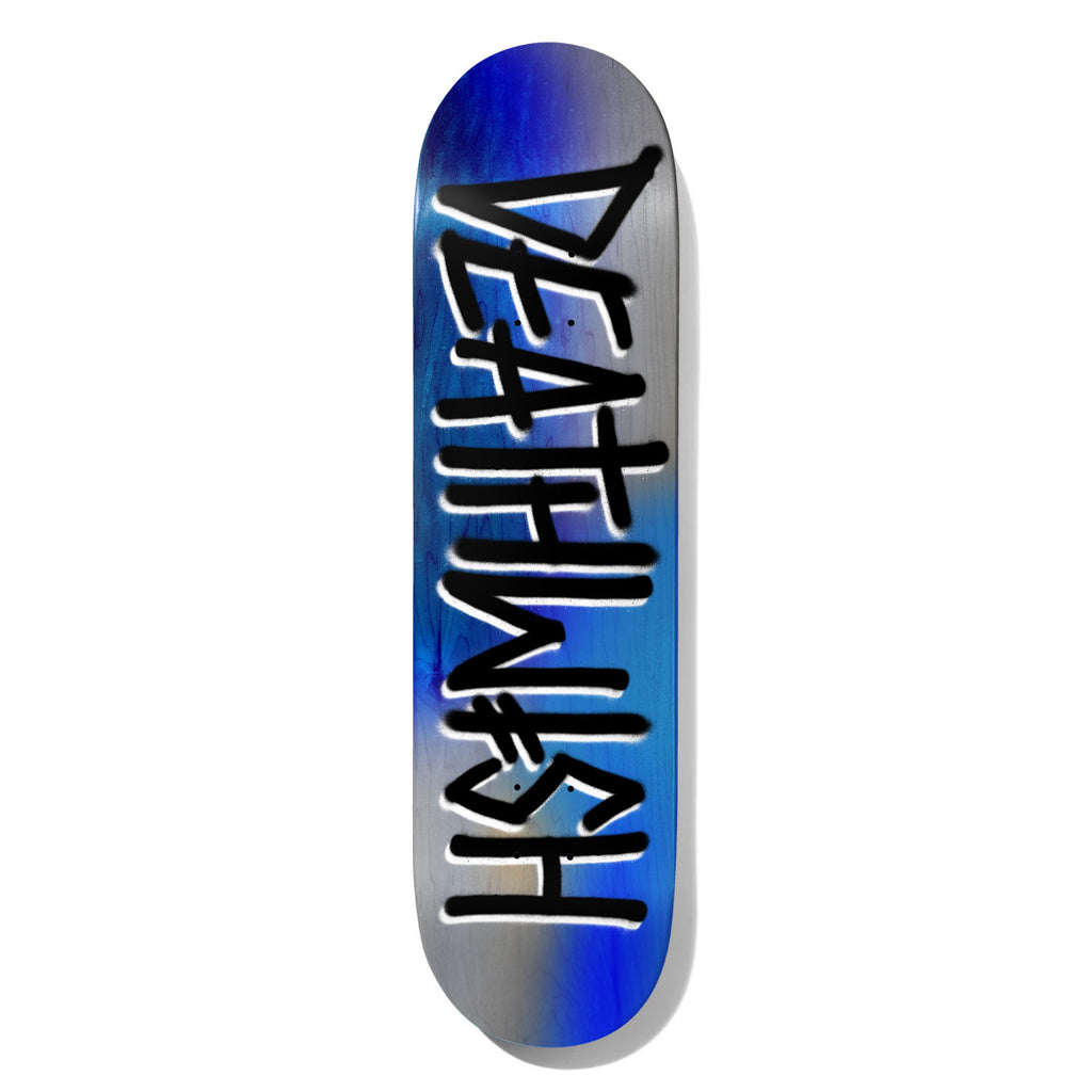 Deathwish Deathspray Sky 8.0 skateboard deck: The Deathwish name in large black spray-paint lettering runs down the deck over a blue, grey and silver sprayed gradient.