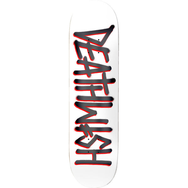 Deathwish Deathspray White/Grey 8.25 skateboard deck: White deck with the word 'Deathwish' in large grey-black spray-painted capitals with a red shadow outline, running up the board.
