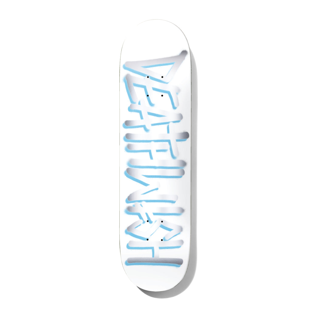 Deathwish Deathspray White/Silver 8.25 skateboard deck: The Deathwish logo in large angular brush lettering runs the length of a white deck, sprayed in silver with light blue outlines in an airbrushed graffiti style.