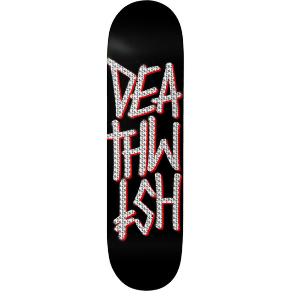 Deathwish Deathstack Black/Holo Foil 8.0 skateboard deck: Deathwish brand name in stacked brush-style lettering on a black deck, filled with a sparkly silver holographic foil effect and a red outline.