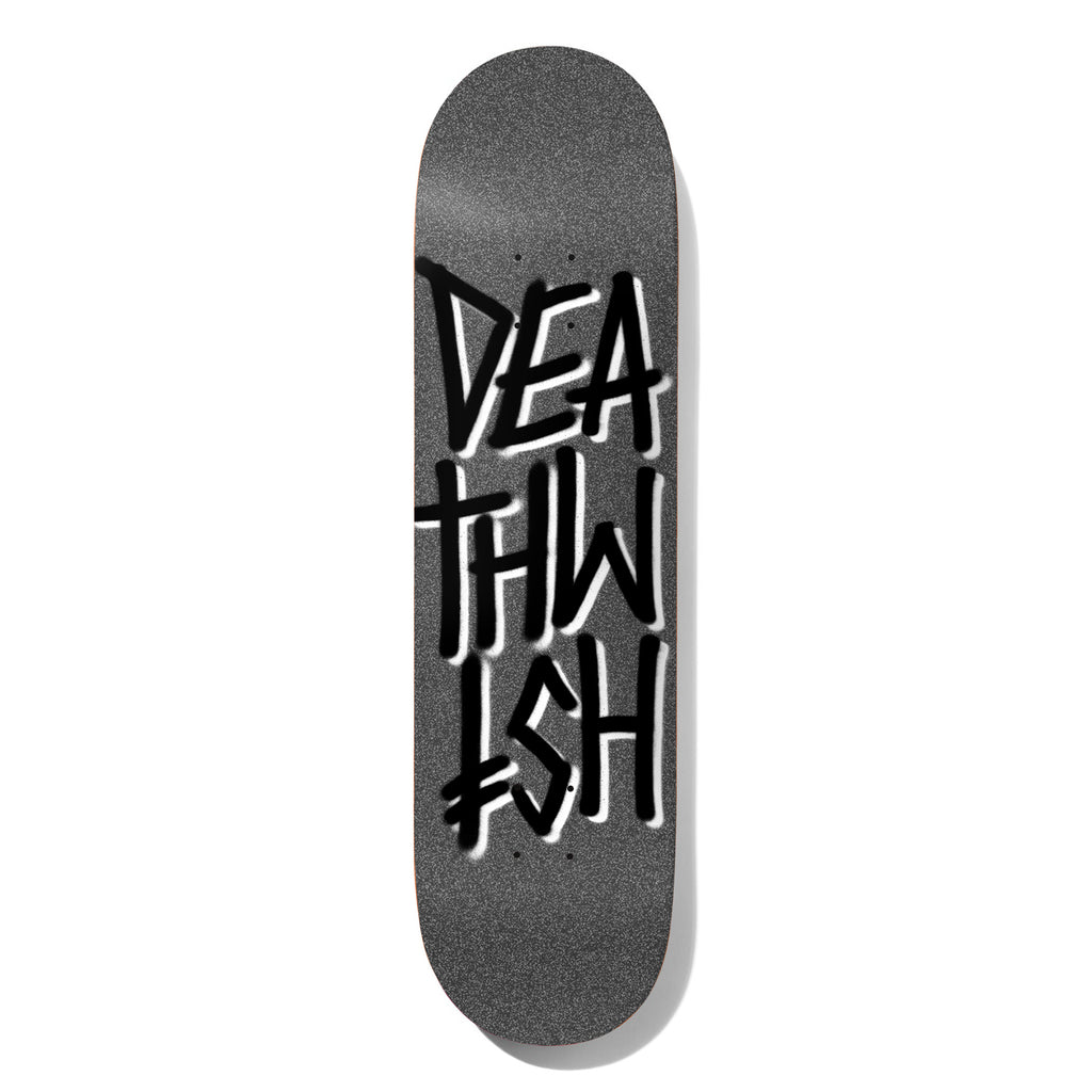 Deathwish Deathstack Nation 8.475 skateboard deck: Grey grip-textured deck with the Deathwish name in thick black spray-painted brush lettering stacked over three lines, with white shadow edges.