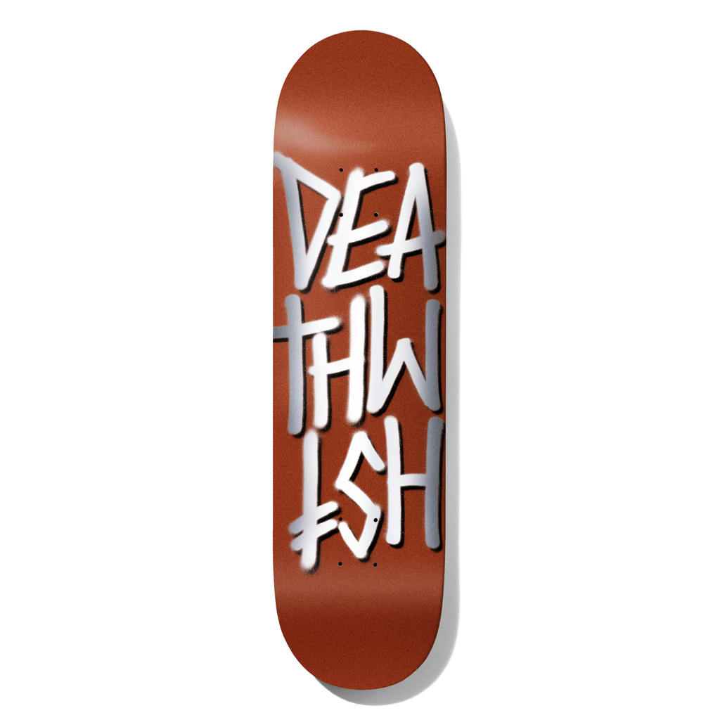 Deathwish Deathstack Pearl Copper 8.75 skateboard deck: Large white spray-painted Deathwish lettering stacked in three rows on a copper-brown pearl deck, with a soft grey shadow edge.