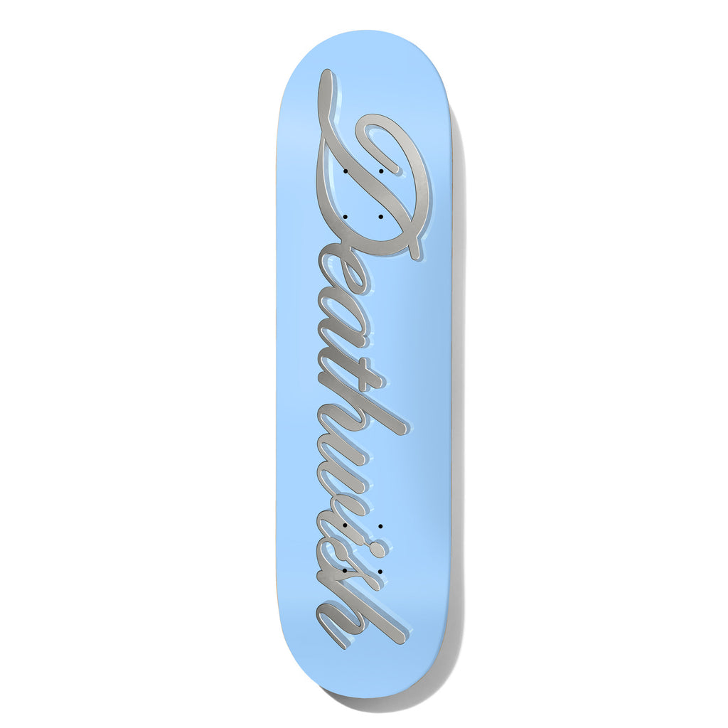 Deathwish Deville 8.0 skateboard deck: Large embossed-looking silver script Deathwish lettering running diagonally down a pale blue deck.