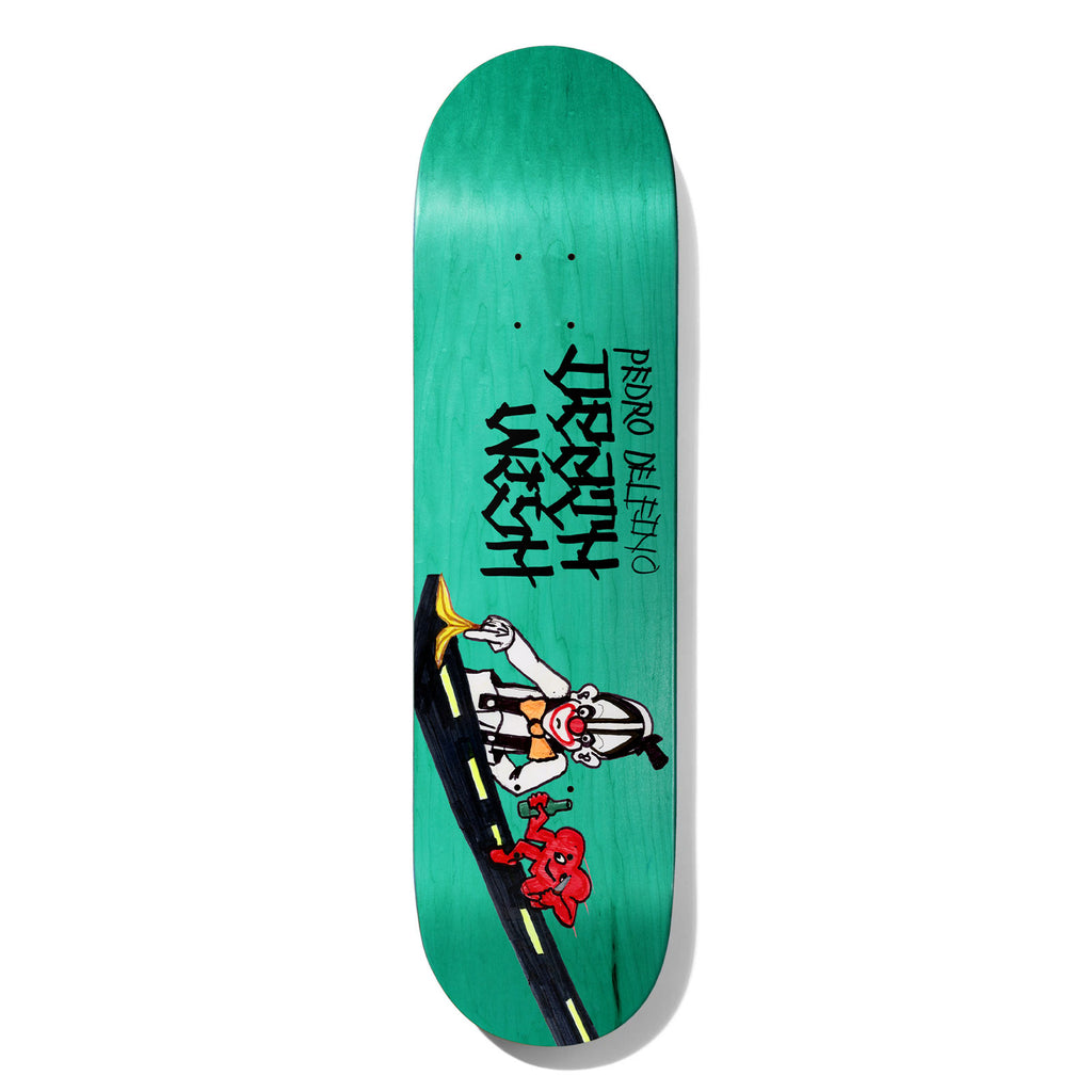 Deathwish Delfino Chatman 8.25 skateboard deck: Teal-stained deck with a cartoon clown in a suit and bow tie sitting on a yellow-lined road next to a banana skin and a small red heart character holding a bottle, with Deathwish and Pedro Delfino lettering.