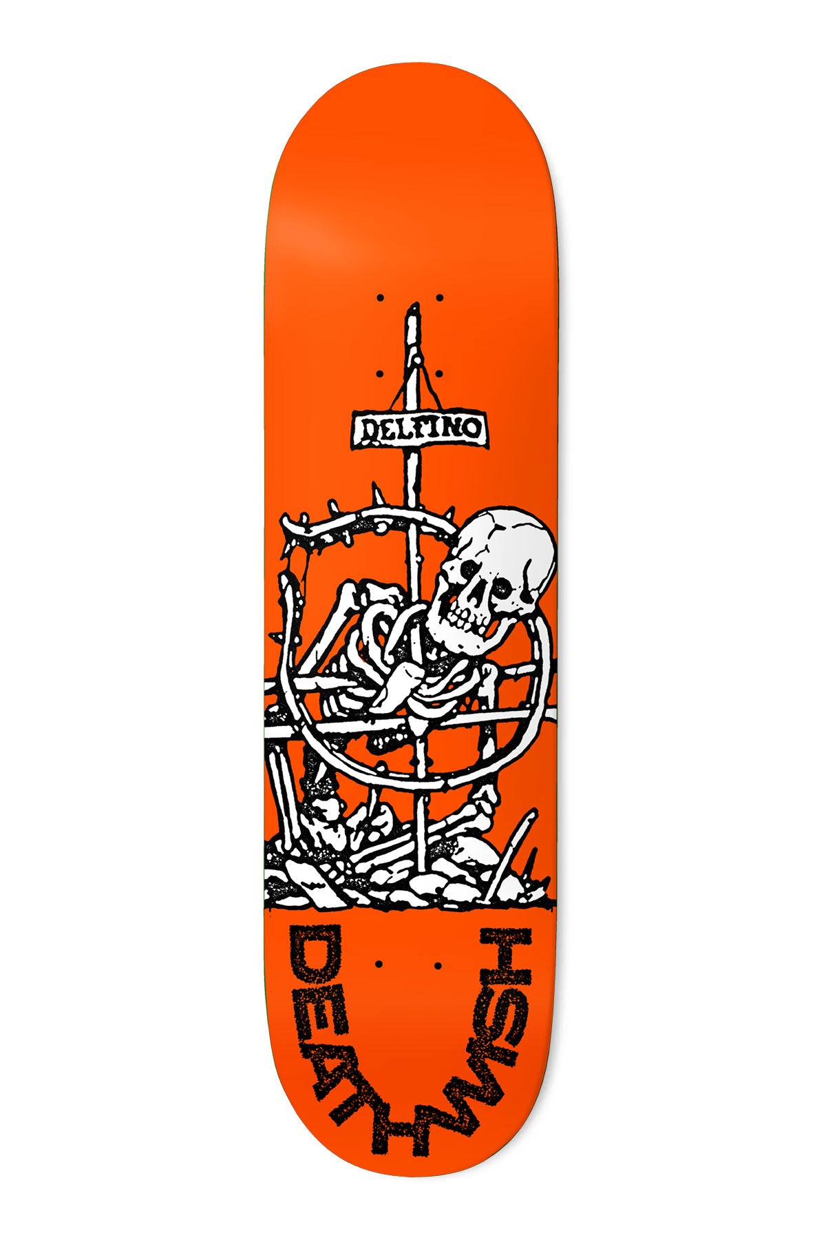 Deathwish Delfino Cross 8.25 skateboard deck: White skeleton caught in a crown of thorns on a cross bearing a Delfino sign, among bones and rubble, with Deathwish in black distressed lettering at the tail, on orange.