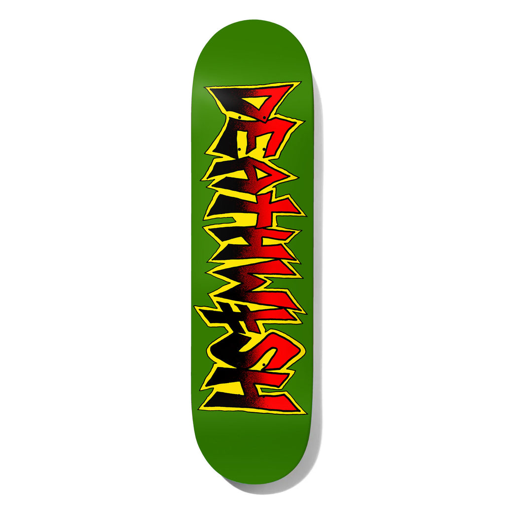 Deathwish Delfino Disciple 8.5 skateboard deck: The Deathwish name in jagged, spiky capitals, filled with a black-to-red gradient and outlined in yellow, runs up the length of a solid green deck.