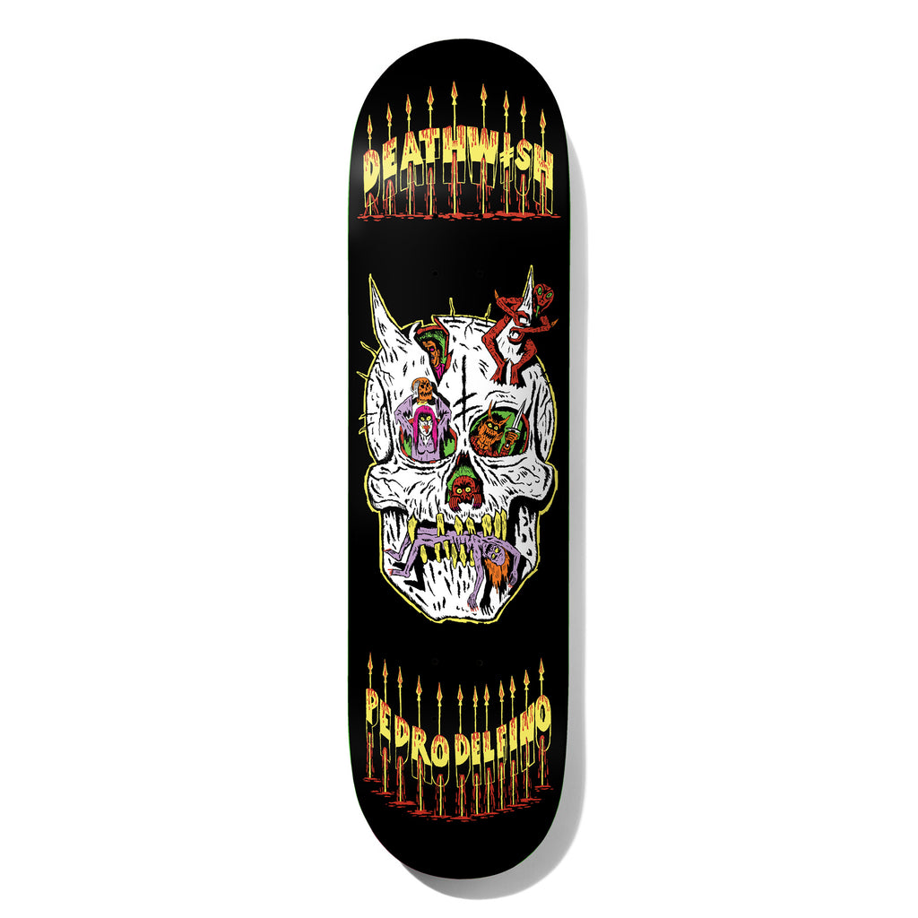 Deathwish Delfino Exorcism Failed 8.125 skateboard deck: Horned white skull with small demons and a figure in its eyes and a body in its jaws, between rows of flaming candle spikes. Deathwish at the top and Pedro Delfino at the bottom in yellow lettering, on black.