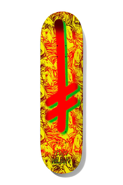 Deathwish Delfino Gang Logo Horses 8.25 skateboard deck: A red and green spray-painted Deathwish gang logo cross runs down the deck over a dense yellow pattern of red-outlined horse heads. Rider name in dark red at the tail.