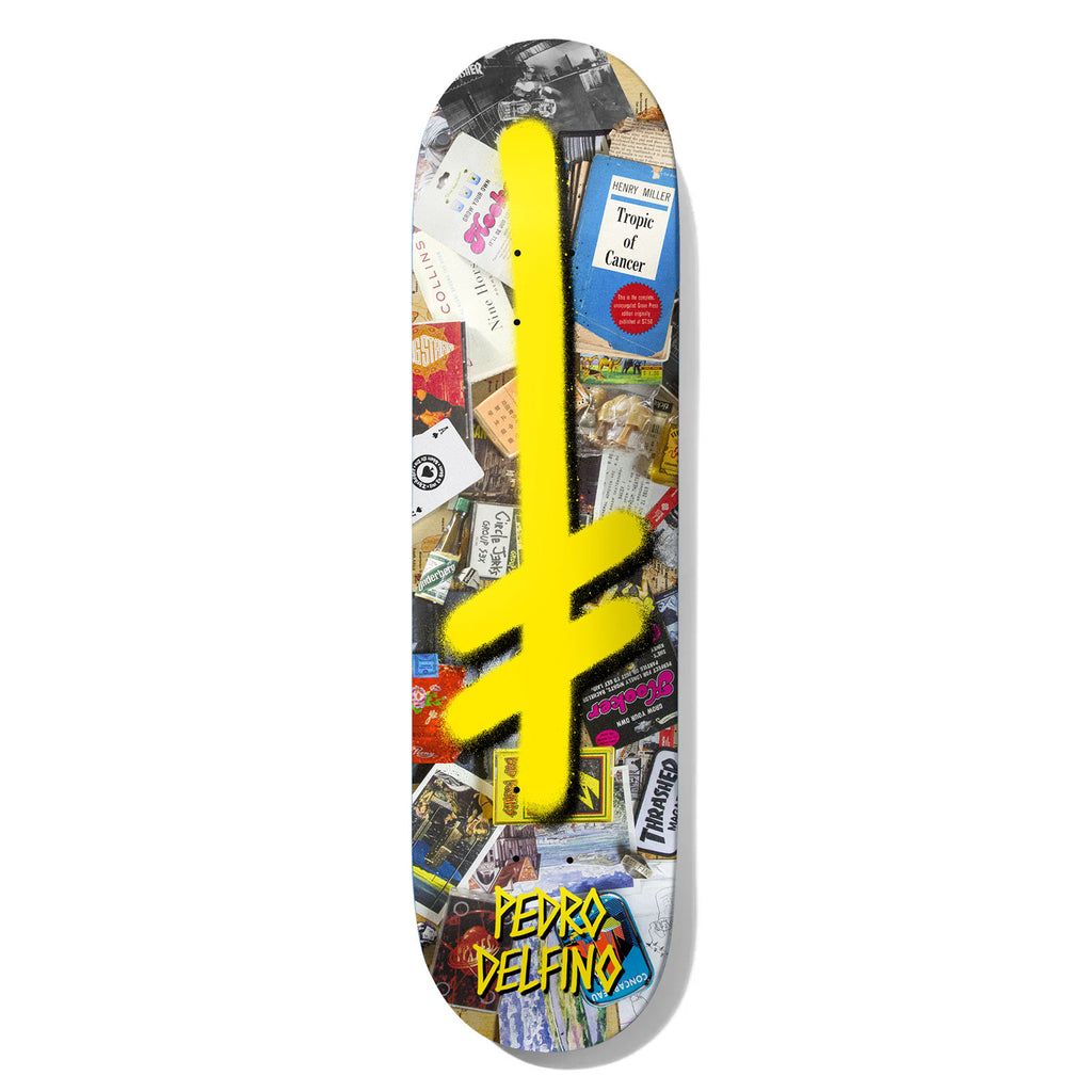 Deathwish Delfino Gang Memorial 8.38 skateboard deck: Large yellow spray-painted Gang Logo cross over a collage of ephemera including a Henry Miller Tropic of Cancer book, playing cards, flyers, stickers and a Thrasher sticker. Rider name in yellow at the bottom.