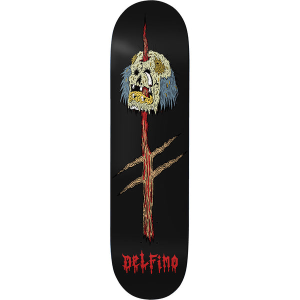 Deathwish Delfino Impaler 8.25 skateboard deck: A decayed cartoon head with blue hair and yellow teeth impaled on a bloody red stake that has scratch-like crossbars, on a black deck. The rider name is in dripping red lettering at the tail.