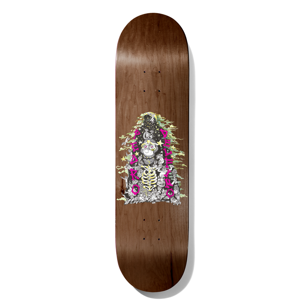 Deathwish Delfino Mice & Men 8.0 skateboard deck: A pen-style illustration of a skeleton-chested gorilla or monkey figure in a starry black hood, surrounded by tiny creatures and green smoke, with 'Pedro Delfino' in pink letters running up both sides. Printed on a wood-stained deck.