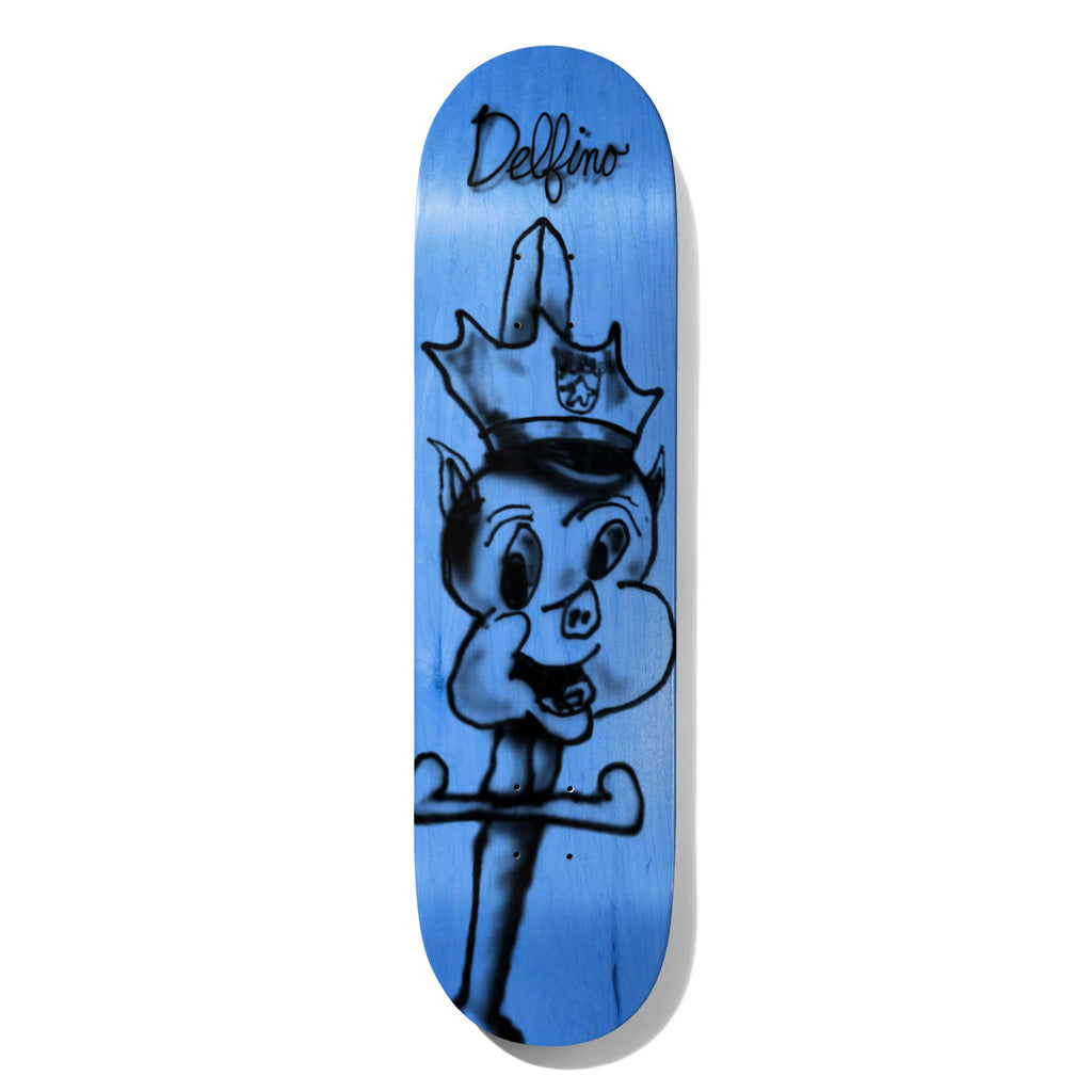 Deathwish Delfino Quarter Century 8.0 skateboard deck: Black airbrushed-style drawing of a cartoon pig wearing a police-style cap with a badge, on a blue stained deck, with a spike or sword shape rising behind its head. 'Delfino' is signed in script at the top.
