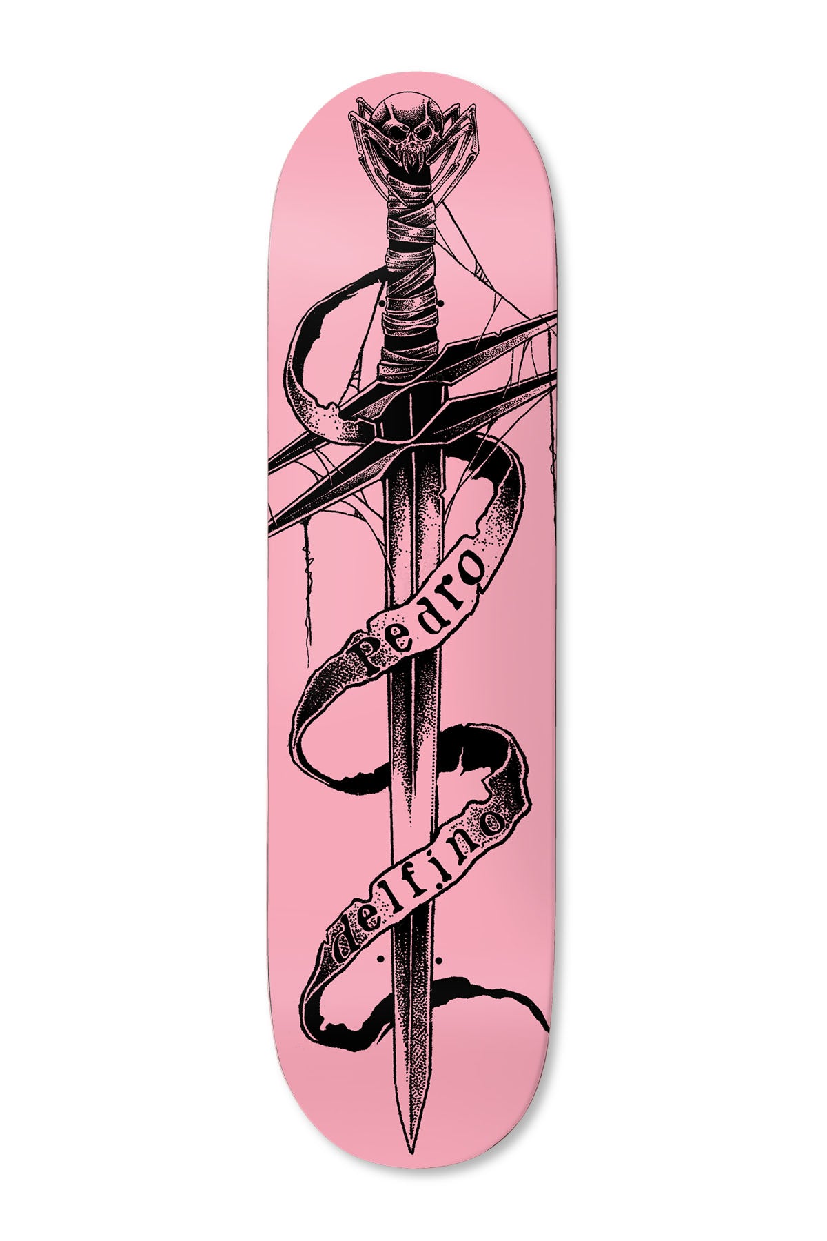 Deathwish Delfino Rosefyre skateboard deck: Black line and stipple drawing of a dagger with a skull-topped pommel, wrapped by a scroll banner bearing the rider's name, with cobwebs, on a pink deck.