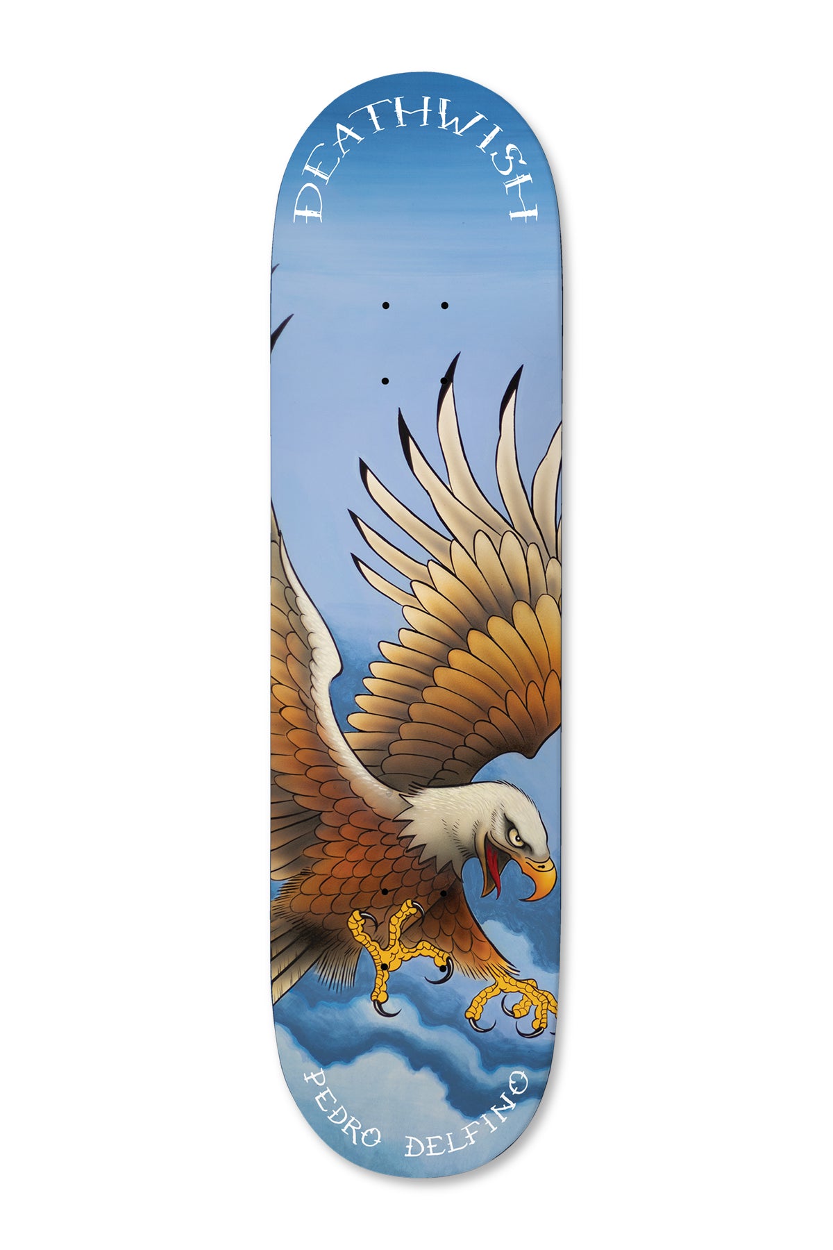 Deathwish Pedro Spirit Animal 8.5 skateboard deck: A painted bald eagle with spread brown wings and open beak swoops down with talons extended, against a blue sky with soft clouds. Curved lettering sits at top and bottom.