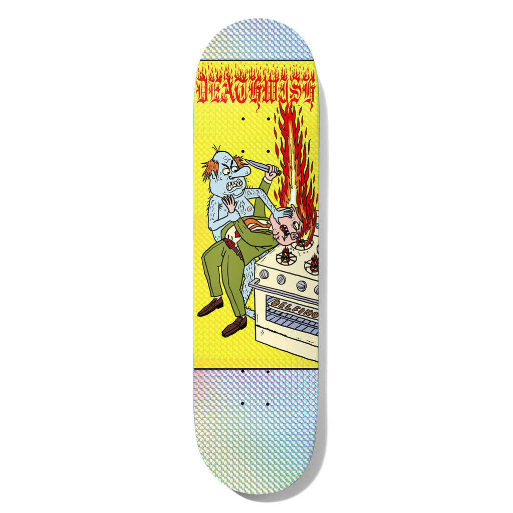 Deathwish Delfino Stovetop Cookn 8.125 skateboard deck: Comic-style scene on yellow: a hairy blue man with a knife holds a suited man's head over a flaming gas hob. Red flame-lettered Deathwish logo at top, holographic silver ends.