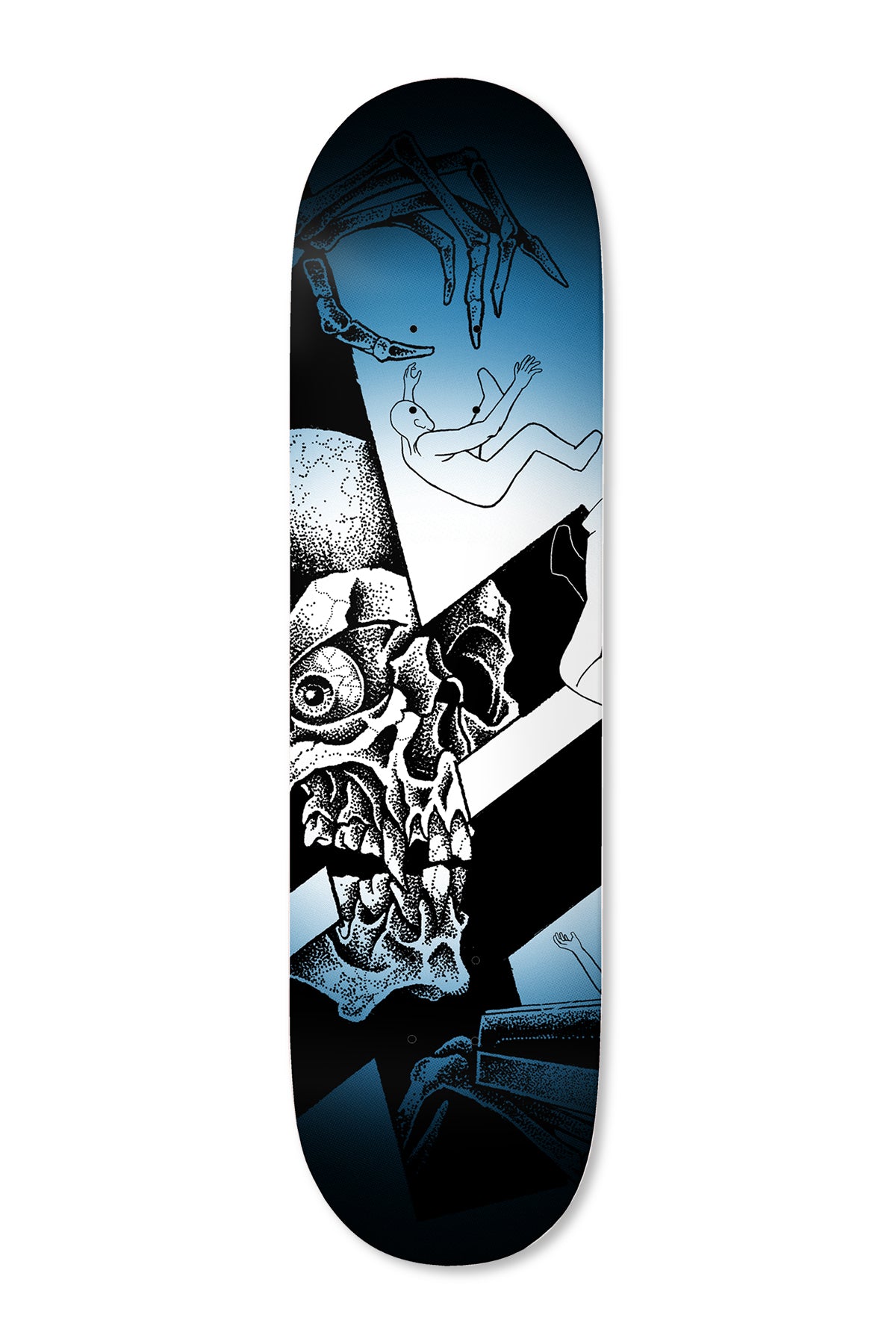 Deathwish Delfino Trapped 8.25 skateboard deck: A dotted-ink skull with a staring eye and broken teeth, set diagonally across black and white bands, with skeletal hands and small outline human figures falling on a blue-to-white gradient.