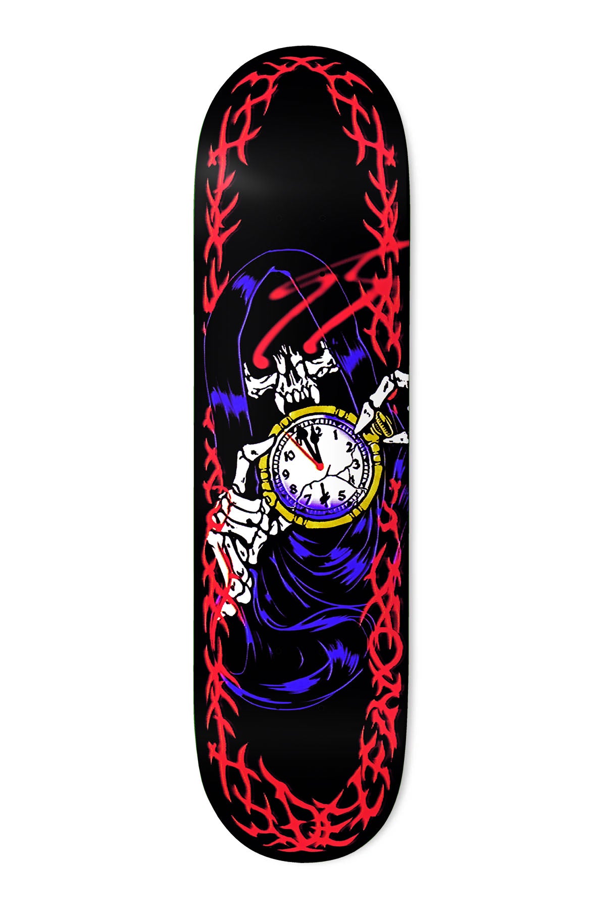 Deathwish Delfino Tribal 8.5 skateboard deck: Hooded grim reaper skeleton holding a cracked pocket watch near midnight, framed by red barbed tribal-style thorn borders and a red scrawl, on a black deck.