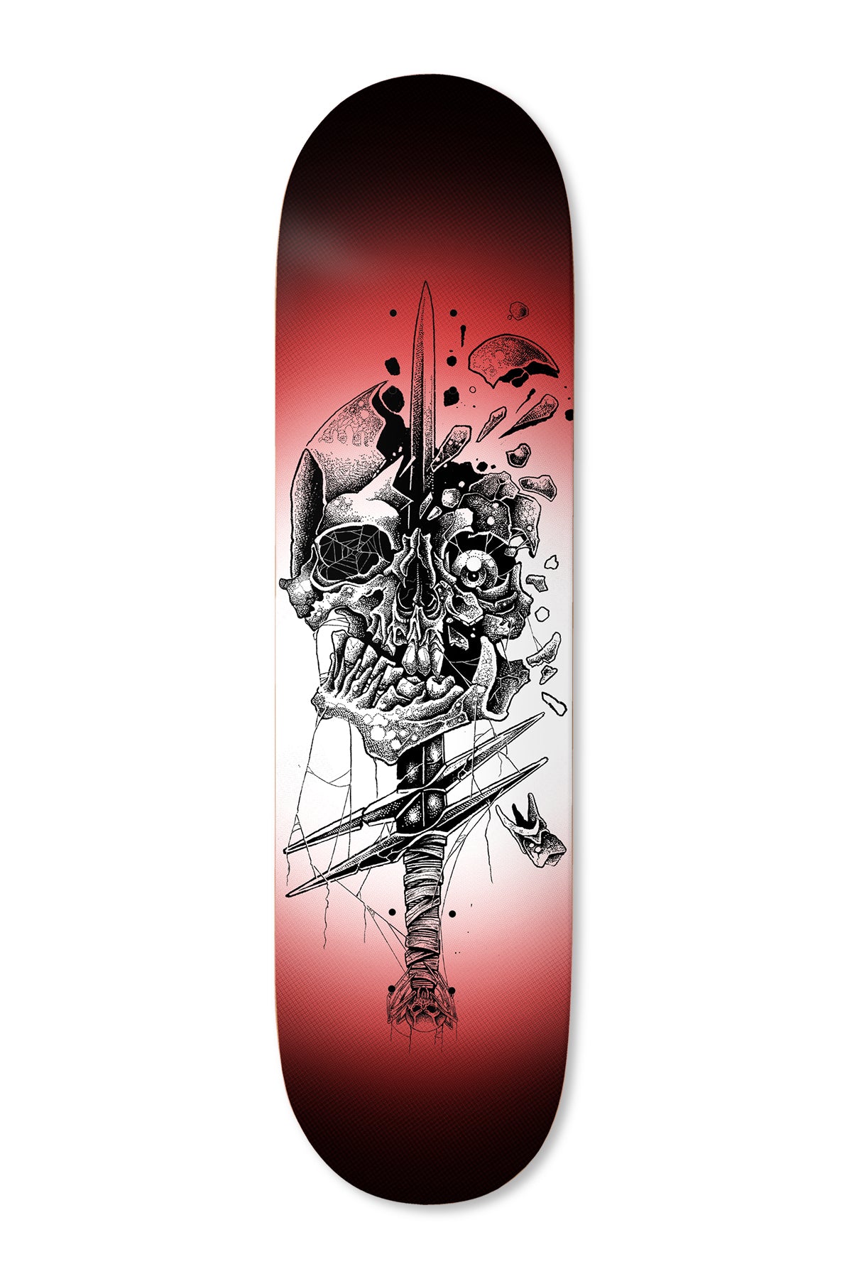 Deathwish Delfino Whiplash 8.5 skateboard deck: A black and white inked skull split by a dagger, with debris flying from the cracked side, a wrapped hilt and cobwebs, on a red-to-black vignette.
