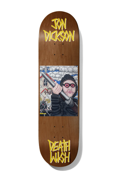 Deathwish Dickson All Screwed Up 8.475 skateboard deck: A painted panel shows a figure in a dark hood and pink goggles aiming a shotgun, with a small creature and a house behind a chain-link fence. Yellow Jon Dickson and Deathwish lettering is on a brown wood-stain deck.