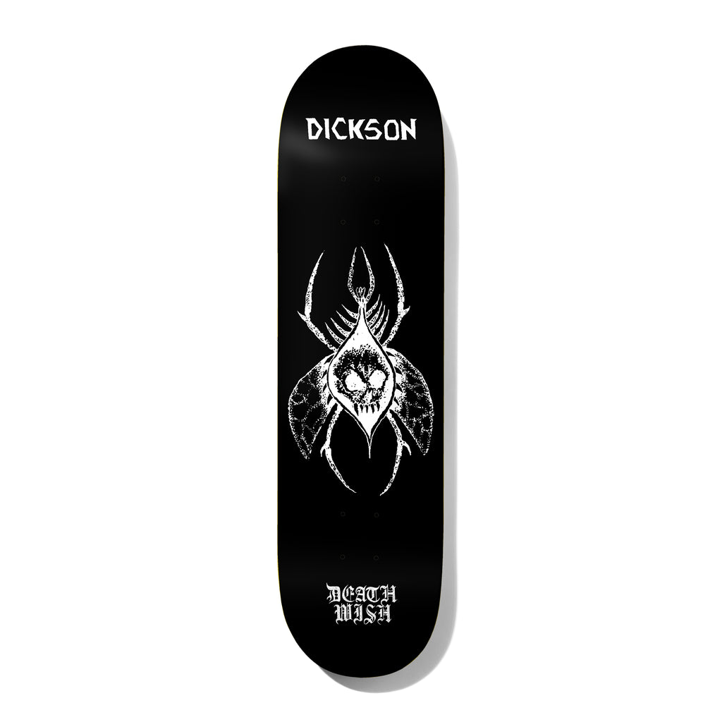Deathwish Dickson Arachnophobia 8.5 skateboard deck: White engraved-style spider with a skull on its abdomen and moth-like patterned wings, on a black deck. Rider name in white block capitals at top and blackletter Deathwish logo at the tail.