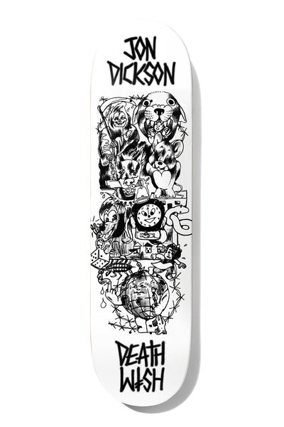 Deathwish Dickson Descending 8.5 skateboard deck: Black line-drawn collage on white of a grim reaper, a fierce lion head, cartoon cat and mouse, a clock, dice, houses and a globe, bound in barbed wire. Rider name above and Deathwish logo below.