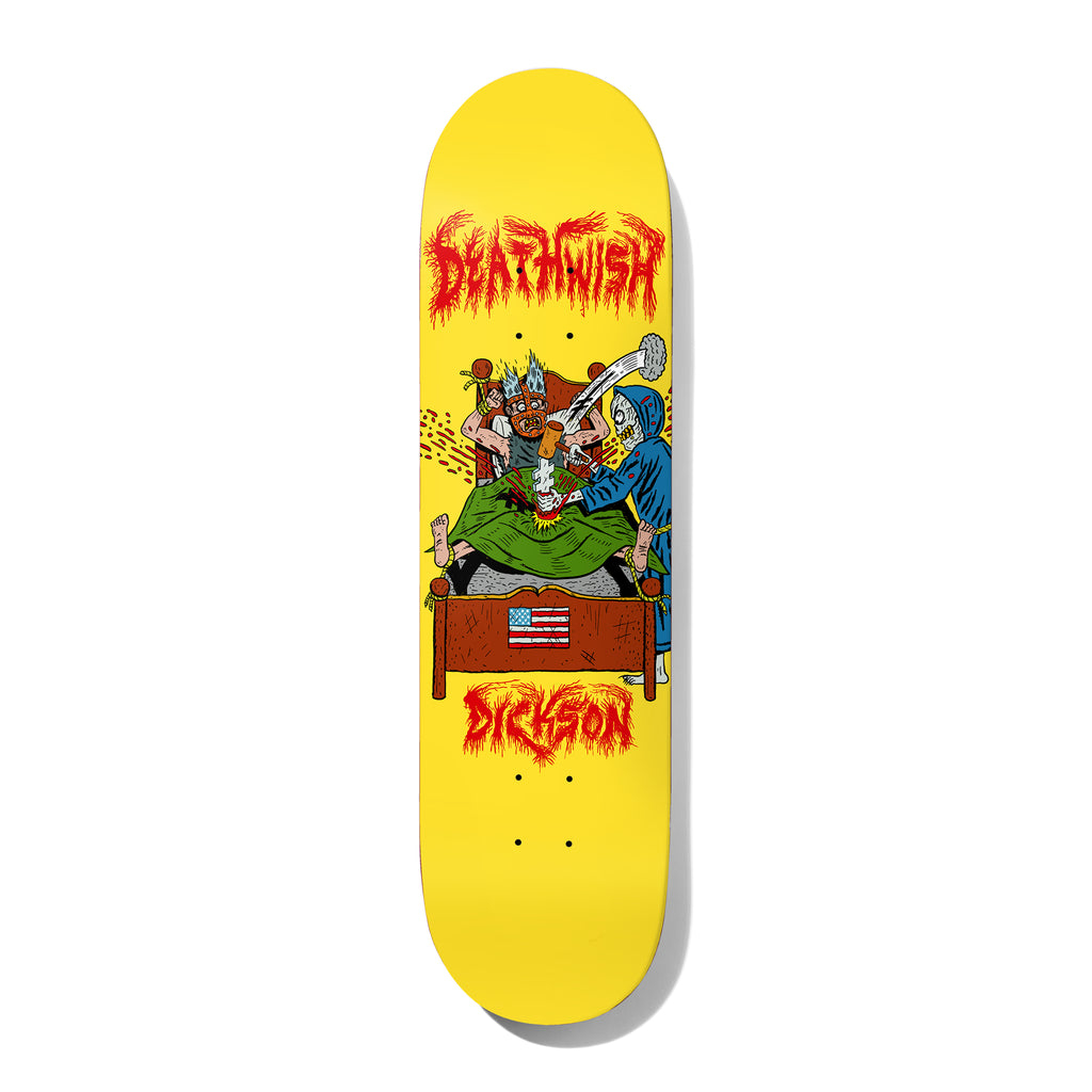 Deathwish Dickson Assault 8.38 skateboard deck: Cartoon horror scene on a yellow deck: a horned figure tied to a bed under a green blanket is attacked by a hooded skeletal reaper with a mallet, an American flag on the bedframe. Dripping red flame lettering top and bottom.