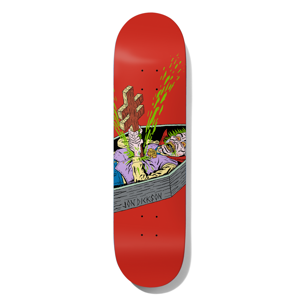 Deathwish Dickson Blasphemy 8.125 skateboard deck: A cartoon vampire in a coffin, with a green mohawk, a medallion and a wooden inverted cross held upright through his chest, spraying green blood, on a red board. Jon Dickson is lettered on the coffin side.