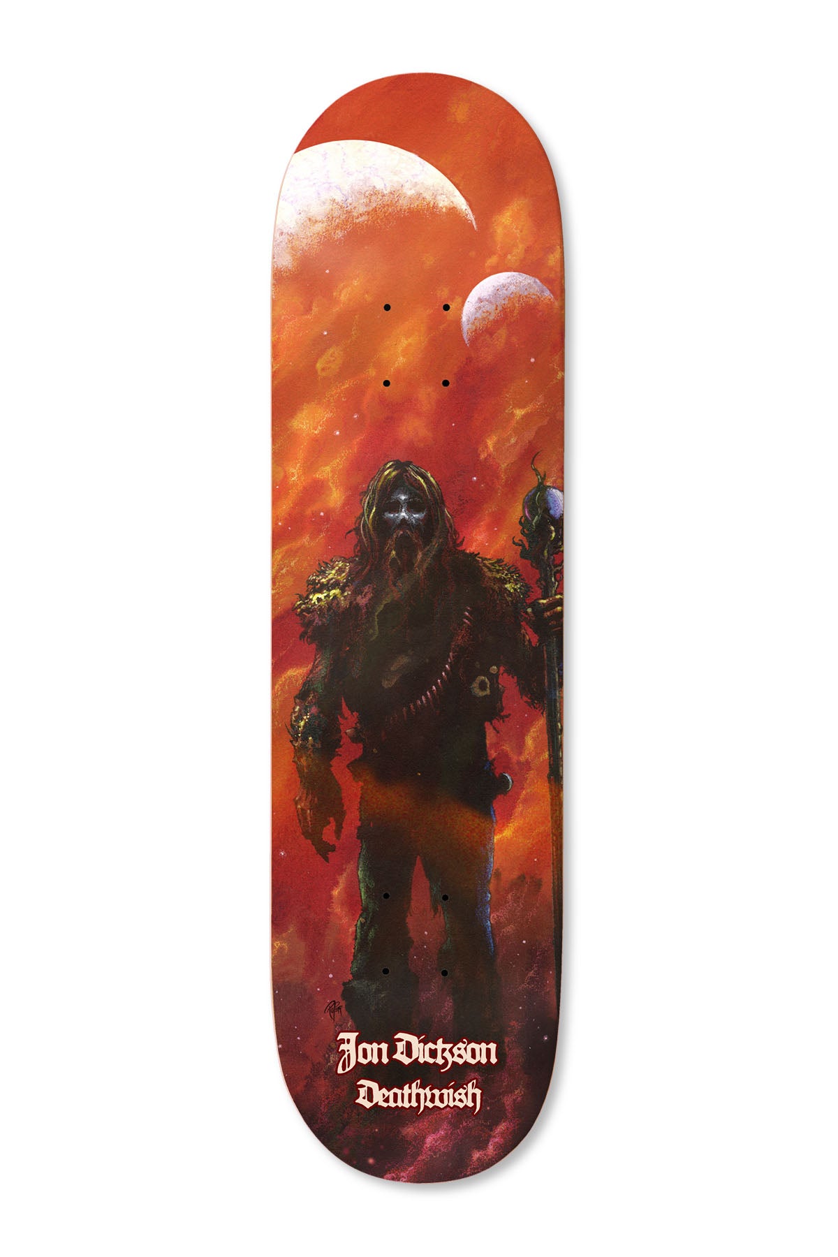 Deathwish Dickson Catatonic Abyss 8.25 skateboard deck: Painted fantasy scene of a bearded, armoured figure holding a staff beneath two moons in a swirling red and orange sky, with the rider name and brand in gothic lettering at the bottom.