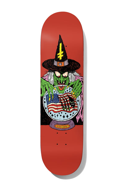 Deathwish Dickson Deathwitch Trials 8.0 skateboard deck: A green-skinned witch in a black hat marked with an inverted gold cross gazes into a crystal ball containing a ripped American flag and a black cat, on a red deck. A Dickson nameplate is on the ball base.